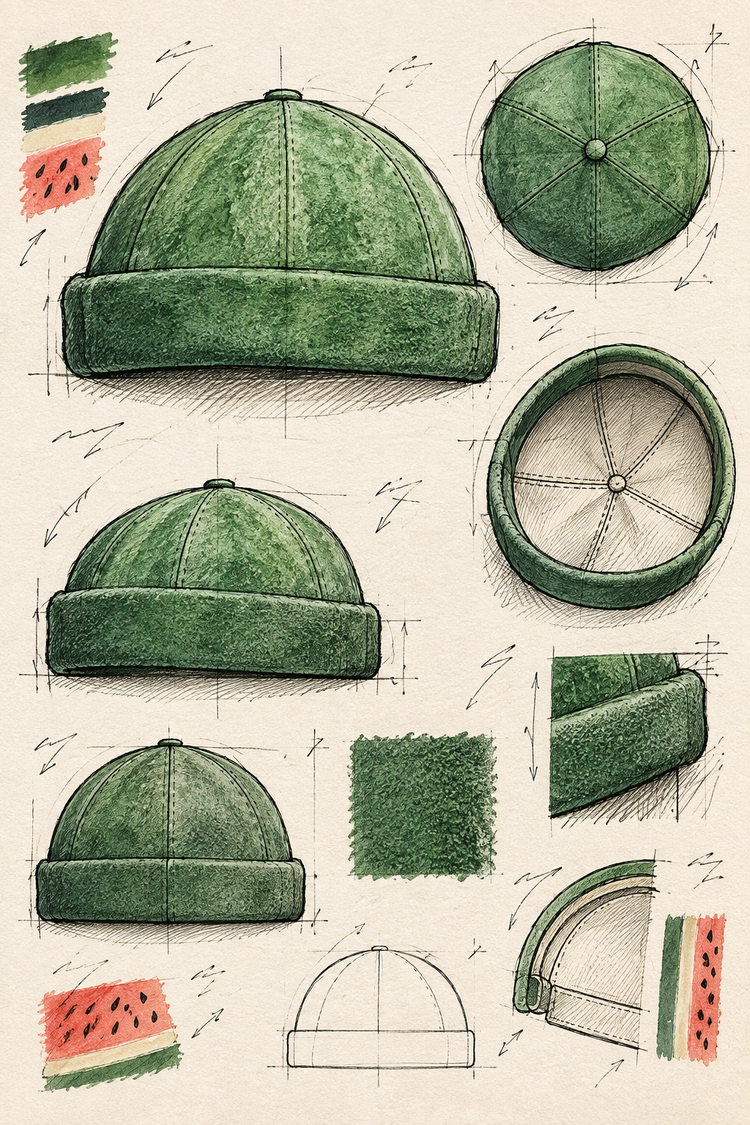 Original hand drawing for The Watermelon Suede Skully A-rag