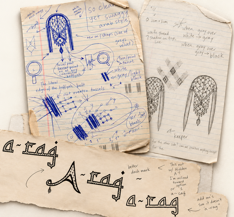 Youssef's hand-drawn sketches of a keffiyeh-pattern A-rag and the a~rag logo on aged paper